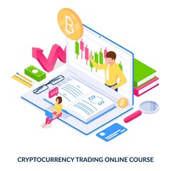 Cryptocurrency trading online course. Concept. A girl remotely learns how to trade on a cryptocurrency exchange. Isometric vector illustration on white background.