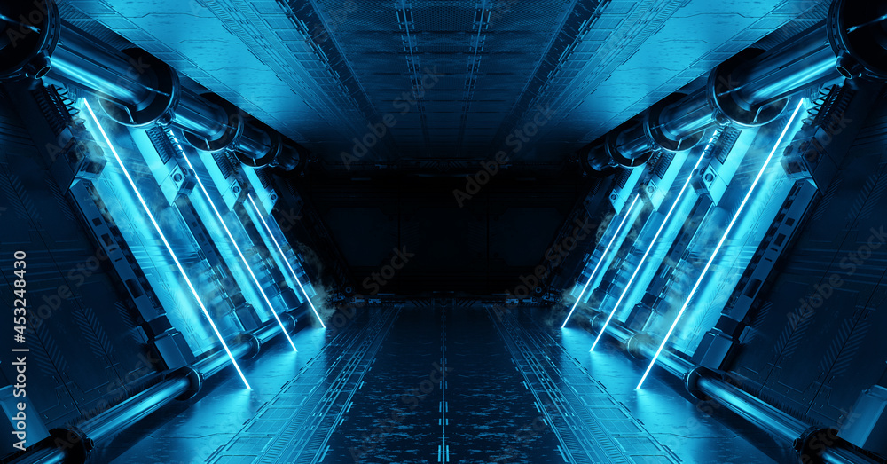 Poster blue spaceship interior with neon lights on panel walls. futuristic corridor in space station backgr