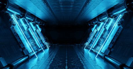 Blue spaceship interior with neon lights on panel walls. Futuristic corridor in space station background. 3d rendering © sdecoret