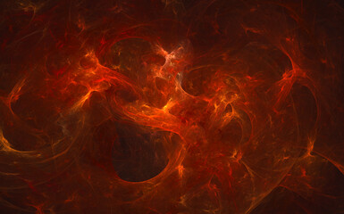 Fototapeta premium Red hot glowing 3d nebula, fiery cosmic cluster in dark abyss of space. Abstract digital illustration great as background, cover, presentation, flyer or element of design. 