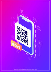 Isometric Smartphone scanning qr code. Download page of the mobile app. Web banner. Concept web design, website page development. Qr code verification landing page