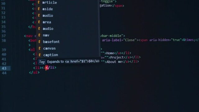 developer software source code on monitor screen. writing script of software developer. program coding. programmer editing code background. Technology background close up shot.