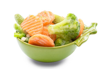 Bowl with mix of frozen vegetables on white background
