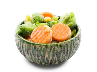 Bowl with mix of frozen vegetables on white background