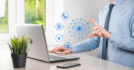 Business concept Close up of man using mobile smart phone and infographic icon of community technology digital.Concept of hi tech and big data. Toned image