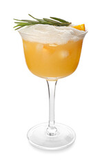 Glass of tasty whiskey sour cocktail on white background