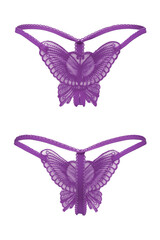 Detail shot of violet erotic crotchless panties with lace butterfly in front. Sexy lingerie is isolated on the white background. Front and back views. 