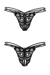 Detail shot of black erotic crotchless panties with fancy netlike embroidery. Sexy lingerie is isolated on the white background. Front and back views. 