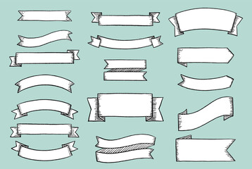 Set of hand drawn retro ribbons and labels isolated on grey background