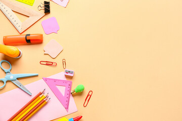 Stationery supplies on color background