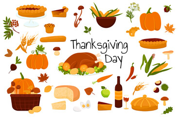 A set of dishes, vegetables and drinks for Thanksgiving Day. Cartoon vector harvest elements and holiday food illustrations