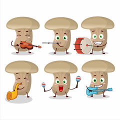 Cartoon character of milk mashroom playing some musical instruments