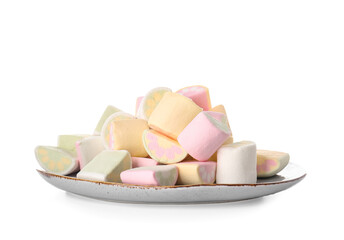Plate with tasty marshmallows on white background