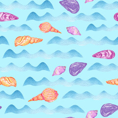 Seashells and sea waves seamless pattern. Watercolor shells on a blue background. Marine print. 