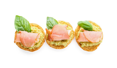 Tasty sandwiches with guacamole and ham on white background
