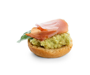 Tasty sandwich with guacamole and ham on white background