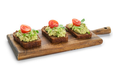 Tasty sandwiches with guacamole and tomato on white background