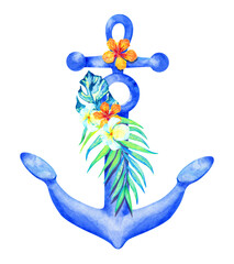 Marine anchor with Hawaiian floral tropical decoration. Watercolor illustration. Isolated on white.  © AineGing