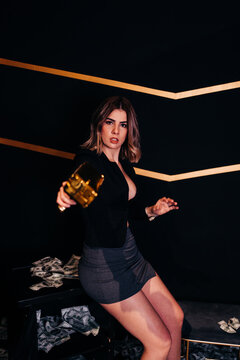 Confident model in jacket among banknotes