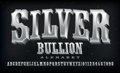 Silver Bullion western style alphabet. A condensed ornate font with a 3d shiny silver metallic effect. - obrazy, fototapety, plakaty