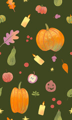 Halloween seamless pattern with  pumpkin, candle, foliage.Can be used for textile design, clothes, wallpaper, bag, decoration.