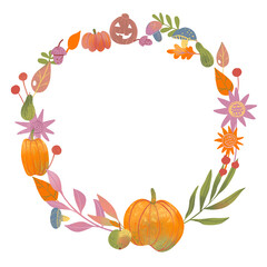 Round frame with pumpkins, stars, foliage, acorn, berries. Can be used as a postcard, textile design, greeting card.
