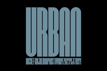 Super condensed style font, urban alphabet, letters and numbers vector illustration