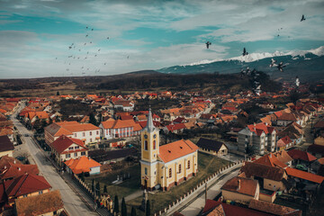 Fototapeta na wymiar Orthodox church with a flock of pigeons