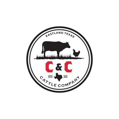 Texas cow and chicken cattle company emblem vintage logo design