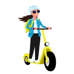 A woman in a helmet and sunglasses rides an electric scooter on a white background.  © Lenan