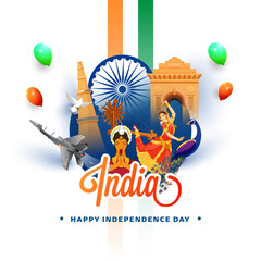 India Showing Their Culture And Heritage On White Background For Independence Day Concept.