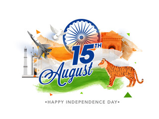15th August Font With Tiger Animal, Fighter Jet, Dove Flying And Tricolor Brush Effect On Famous Monument For Independence Day Concept.