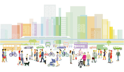 Stadt mit Personengruppen und Verkehr Illustration
