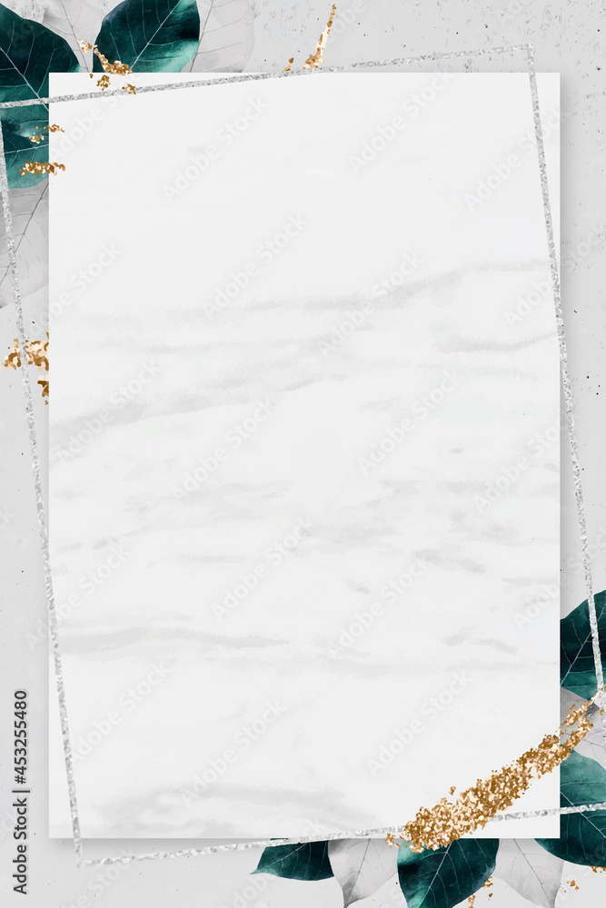 Poster rectangle silver frame with foliage on marble texture background vector