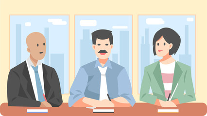 illustration of male and female office workers having a meeting. against a backdrop of walls and buildings. suitable for business theme, work, gathering, etc. flat vector design