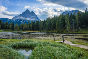 Aerial view of Lago Antorno Lake,Tre Cime di Lavaredo mountain in background, Dolomites, Italy