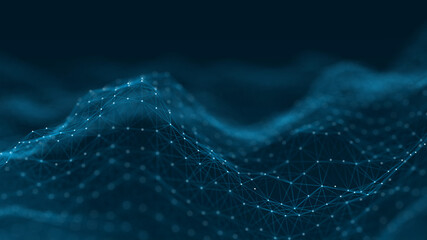 Digital dynamic wave. Abstract futuristic blue background with dots and lines. Big data visualization. 3D rendering.