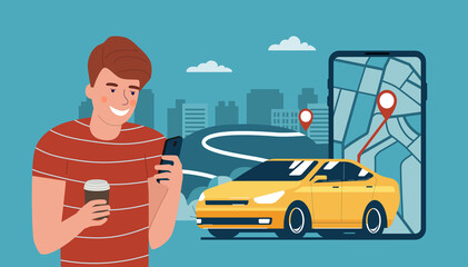Young man uses a car rental or taxi service on her smartphone. Vector illustration.