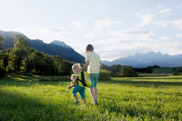Fototapeta na wymiar Children hiking in Alps mountains. Kids outdoor