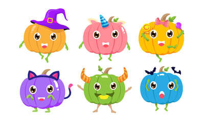 Halloween Cute Pumpkins cartoon character design. Happy squash collection with colorful color. Set of spooky pumpkin costume vector illustration