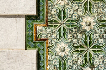 Panel of azulejos art nouveau style in the ruins of the disused railway station in Lagos, Algarve,...