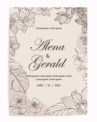 Hand drawn line art flower wedding card invitation
