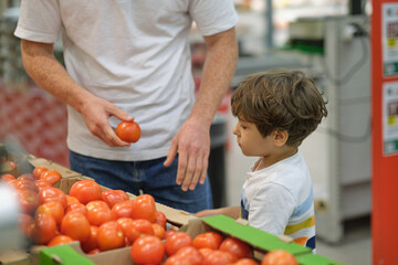Little boy with Dad choosing tomatoes food in fruit vegetable shopping store