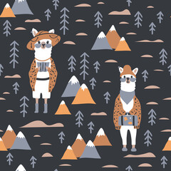 Funny cute seamless pattern with a llama in a hat against a background of mountains, cacti, and stars.Creative children's llama texture.For printing children's textiles, fabrics, decor, gift wrapping. © Ms_Tali