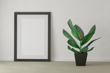 Mockup of a large black poster frame in an interior - design with ficus plant - 3d rendering, illustration