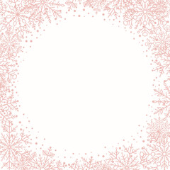 Winter pink frame with arabesques and snowflakes. Fine greeting card. Pattern with snowflakes