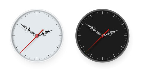 Set of wall office clocks White and black icon. Closeup of design template in vector. Mock up for branding and advertising isolated on transparent background.