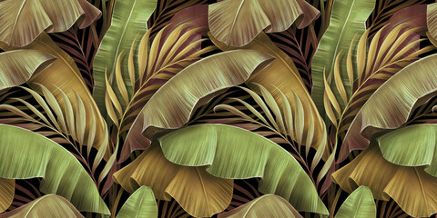Tropical seamless pattern, golden grunge banana leaves, palm in the jungle. Vintage textured 3d illustration, premium design. Abstract background. Luxury wallpaper, mural art, fabric printing, cloth,  - 453258017