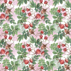 Hand-drawn seamless pattern with pink flowers, leaves and rose hips. Isolated plant elements on a white background. Botanical texture for decoration, packaging, fabrics, designs, etc.