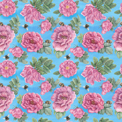 Hand-drawn seamless floral pattern. Pink flowers of wild rose and bumblebees on a blue watercolor background. Botanical illustration for decoration, packaging, fabrics, designs, etc.